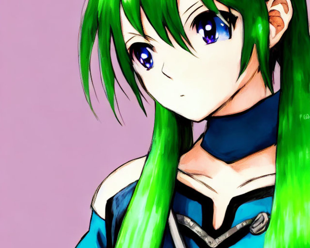 Vivid green hair and blue eyes on female character in blue outfit