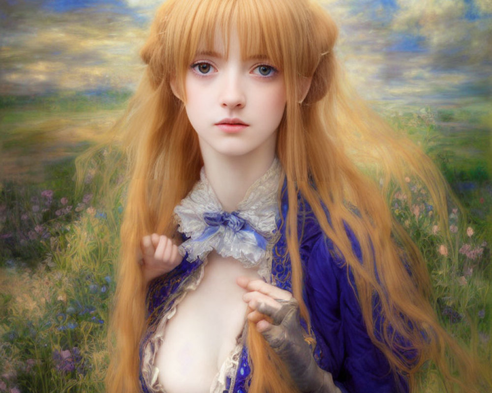 Portrait of young woman in blue period dress against dreamy field background