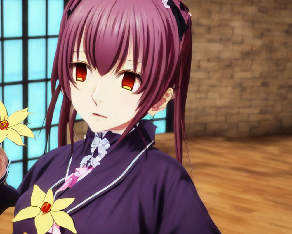 Purple-Haired Anime Girl with Amber Eyes Holding Yellow Flower in Brick-Walled Room