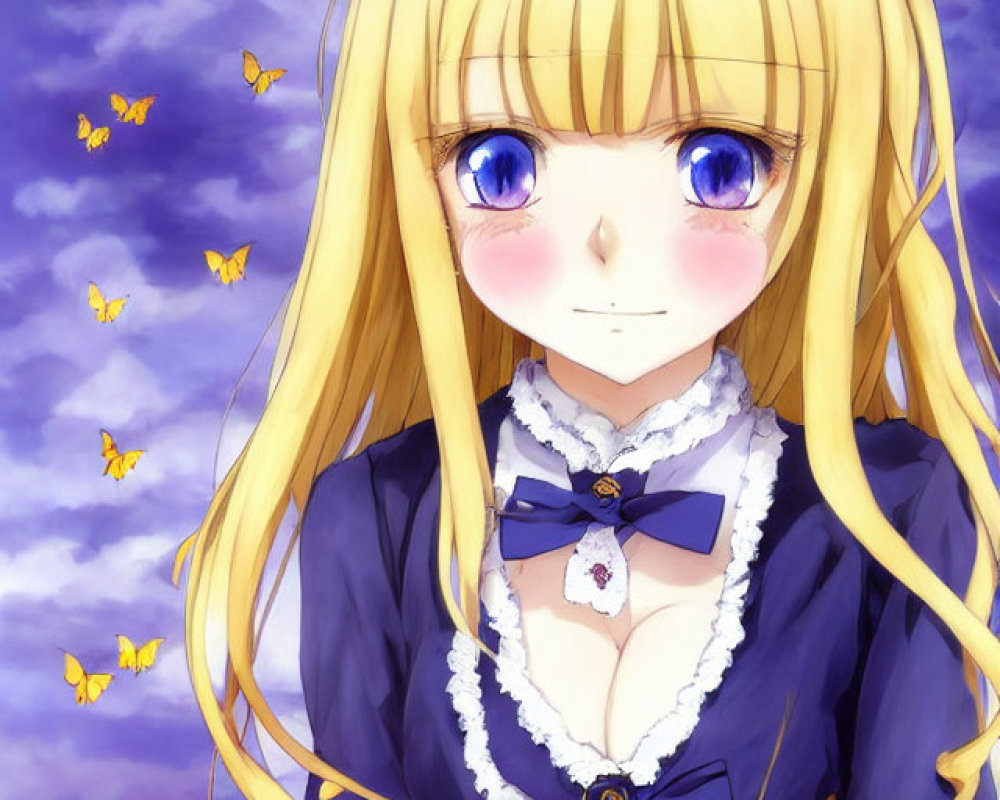 Blonde Anime Girl in Dark Dress with Butterflies on Clouded Sky Background
