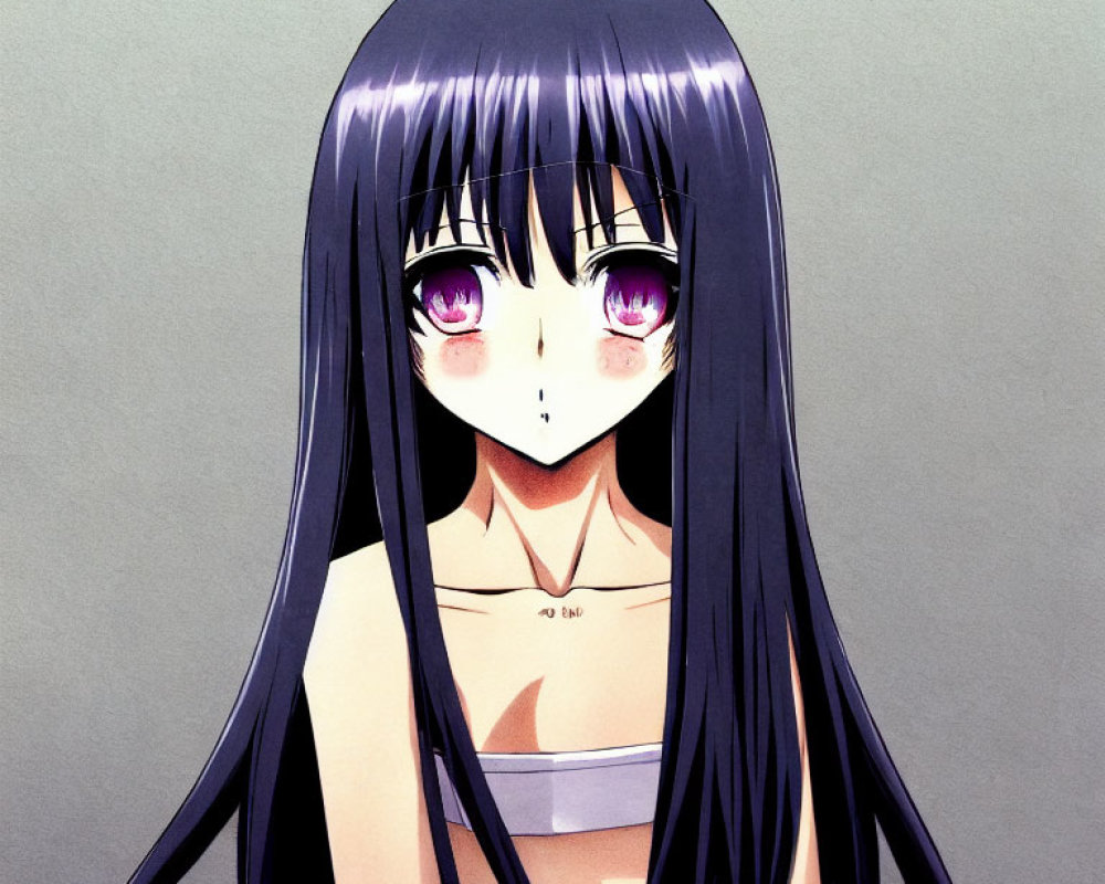 Female anime character with long black hair and large purple eyes.