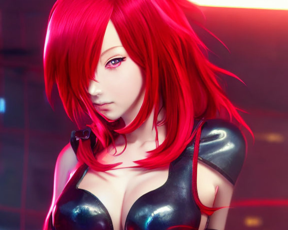 Red-haired female character in black latex bodysuit against neon-lit backdrop