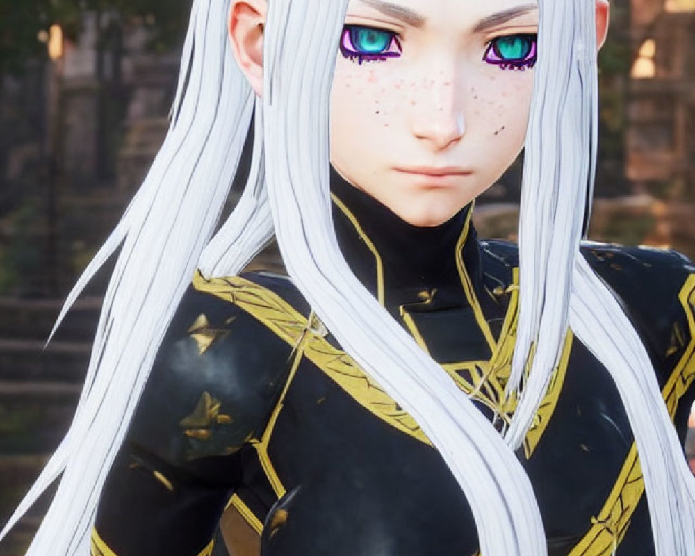 Long White Hair, Multicolored Eyes, Freckles, Black & Gold Outfit