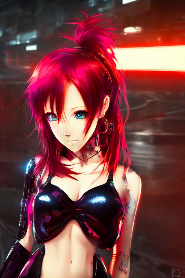 Vibrant digital art: Female character with red hair, teal eyes, tattoos, neon backdrop
