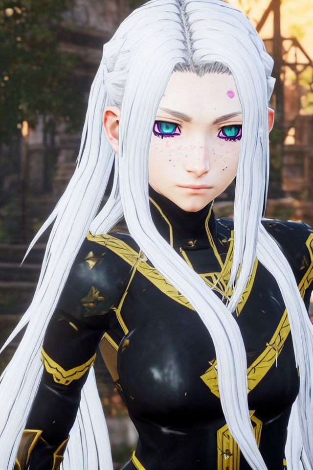 Long White Hair, Multicolored Eyes, Freckles, Black & Gold Outfit