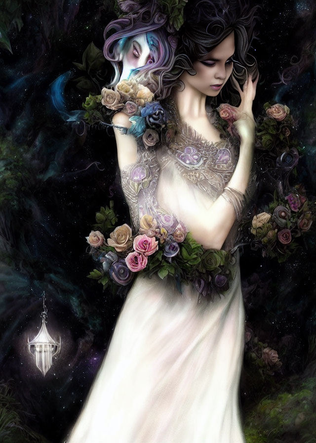 Fantasy illustration: Woman with floral tattoos and roses in mystical forest.