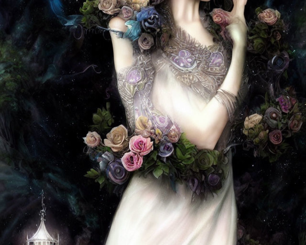 Fantasy illustration: Woman with floral tattoos and roses in mystical forest.
