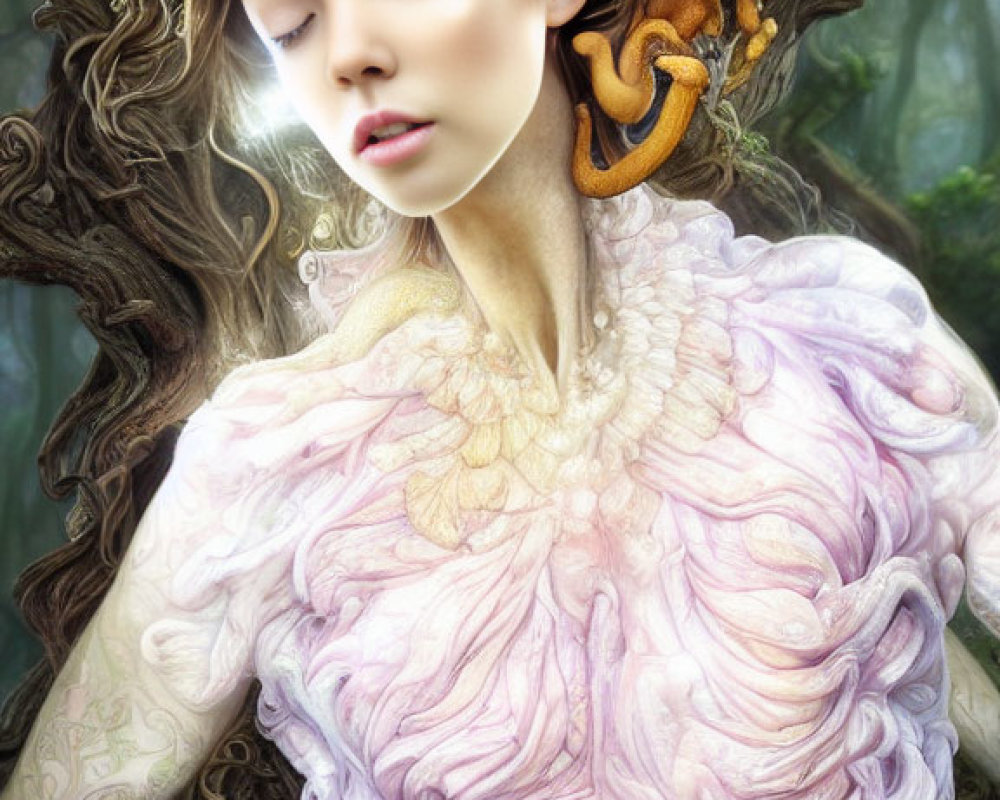 Fantasy-style image of woman with mushroom headgear and ruffled pink gown