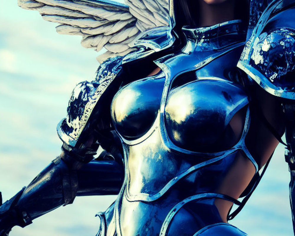 Female warrior in metallic armor with winged helmet and feathered wings against cloudy sky.