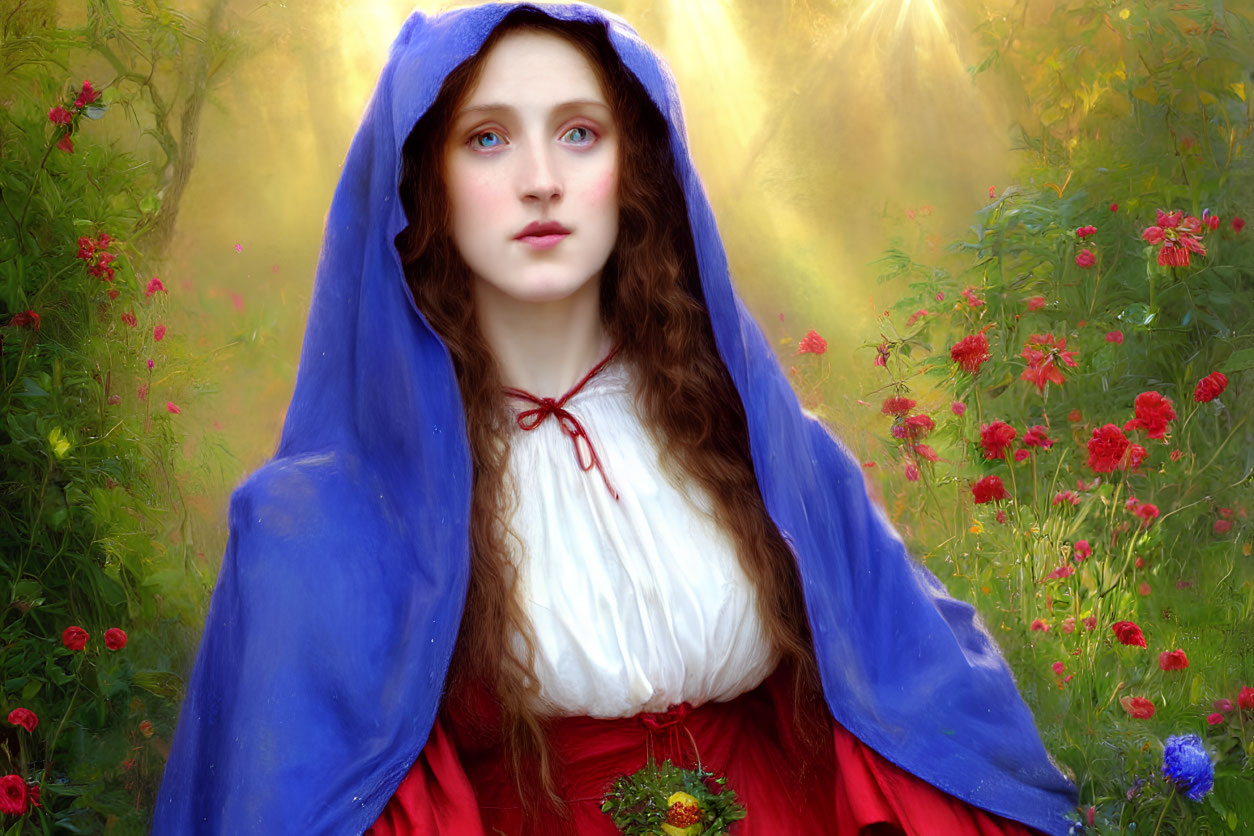Red-haired woman in blue cloak and red dress in enchanted forest scene