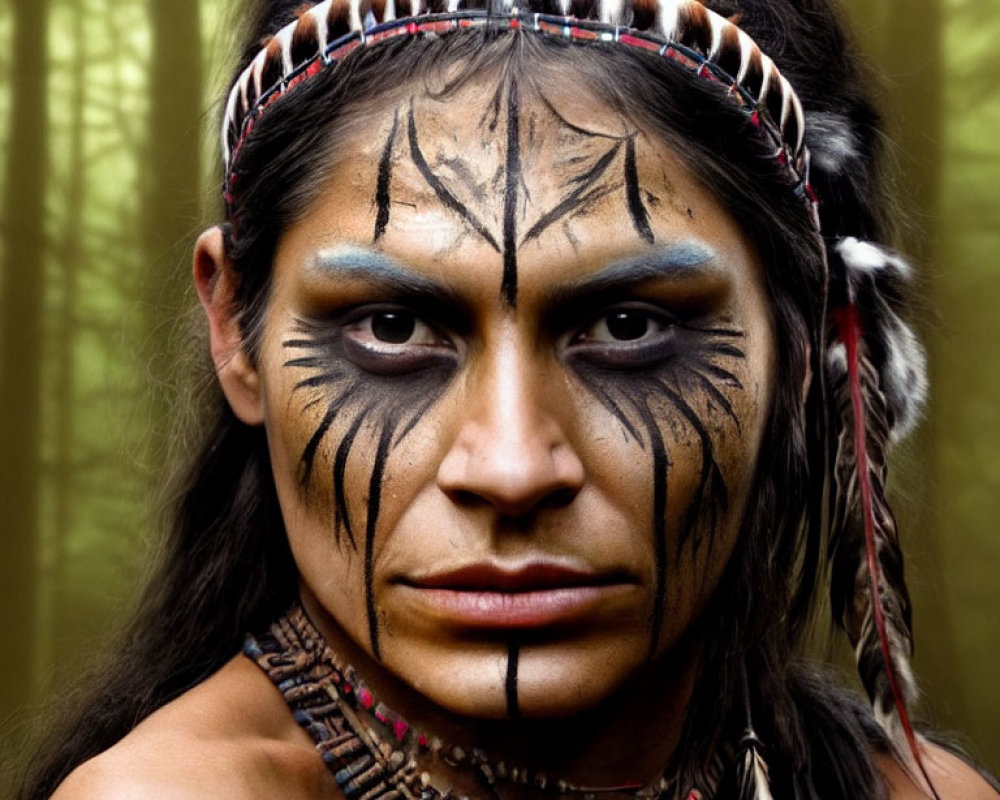 Indigenous warrior with tribal face paint and headdress in forest scene
