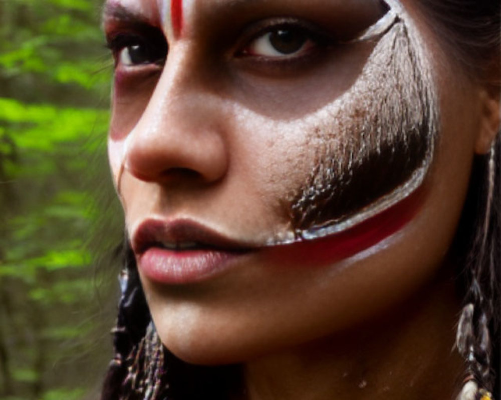 Tribal face paint person with feathers in hair gazing intently in blurred background