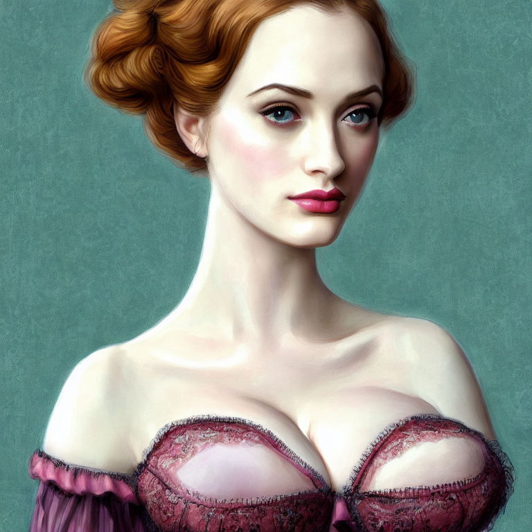 Digital portrait of woman with red updo hair, pink dress, against green backdrop