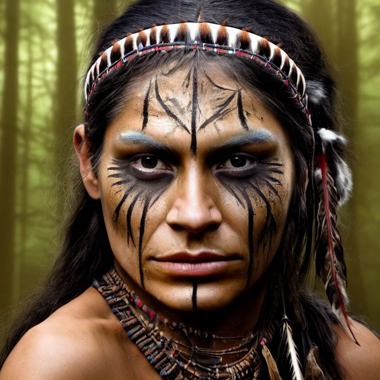 Indigenous warrior with tribal face paint and headdress in forest scene