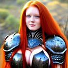 Red-haired woman in fantasy armor with metallic chest plate and shoulder guards