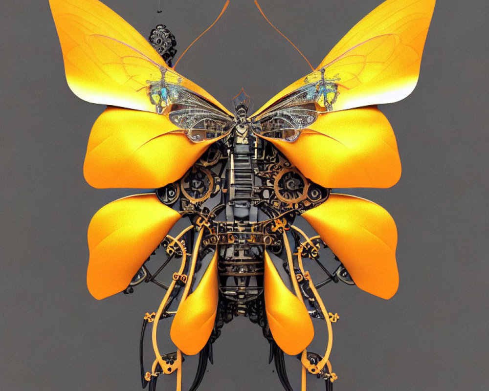 Mechanical butterfly digital art with orange wings on grey background