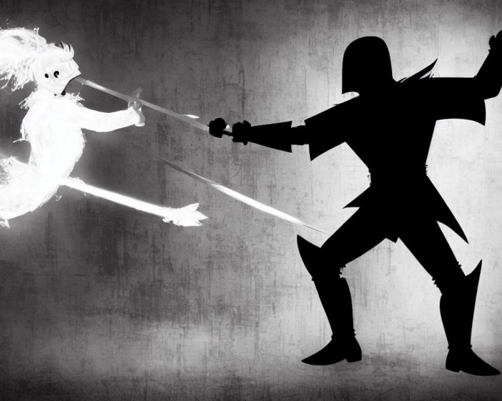 Silhouetted figures in combat with sword and energy against gray backdrop