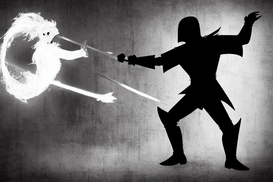 Silhouetted figures in combat with sword and energy against gray backdrop