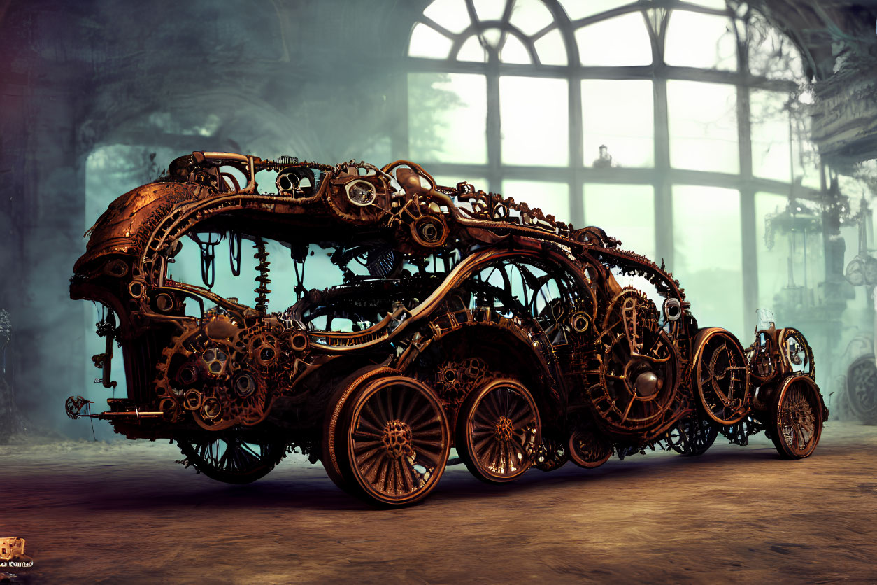 Elaborate Steampunk-themed vintage car in dimly lit workshop