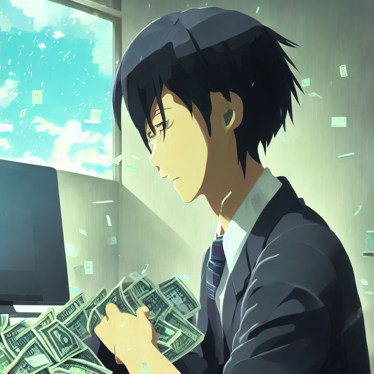 Boy counting money at computer with sunlight and floating papers