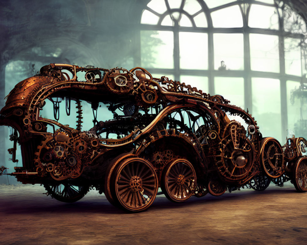 Elaborate Steampunk-themed vintage car in dimly lit workshop
