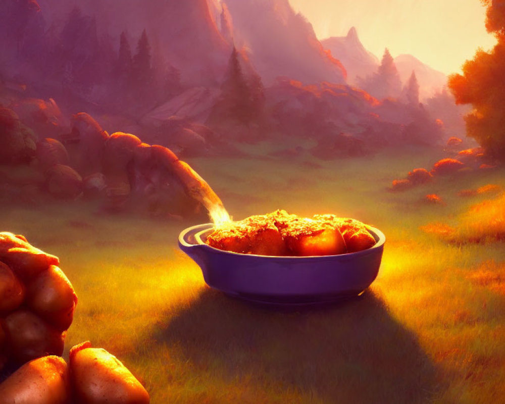 Giant Potatoes and Skillet in Surreal Meadow Setting