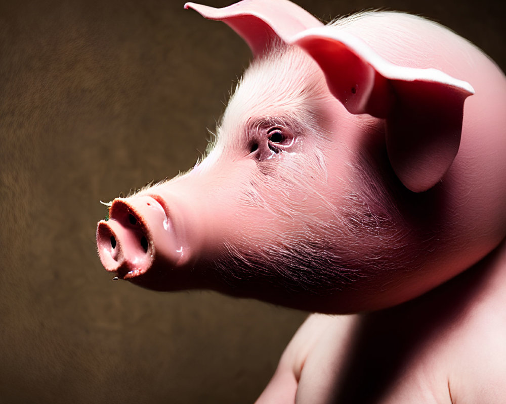 Person with Pig's Head in Close-up on Brown Background