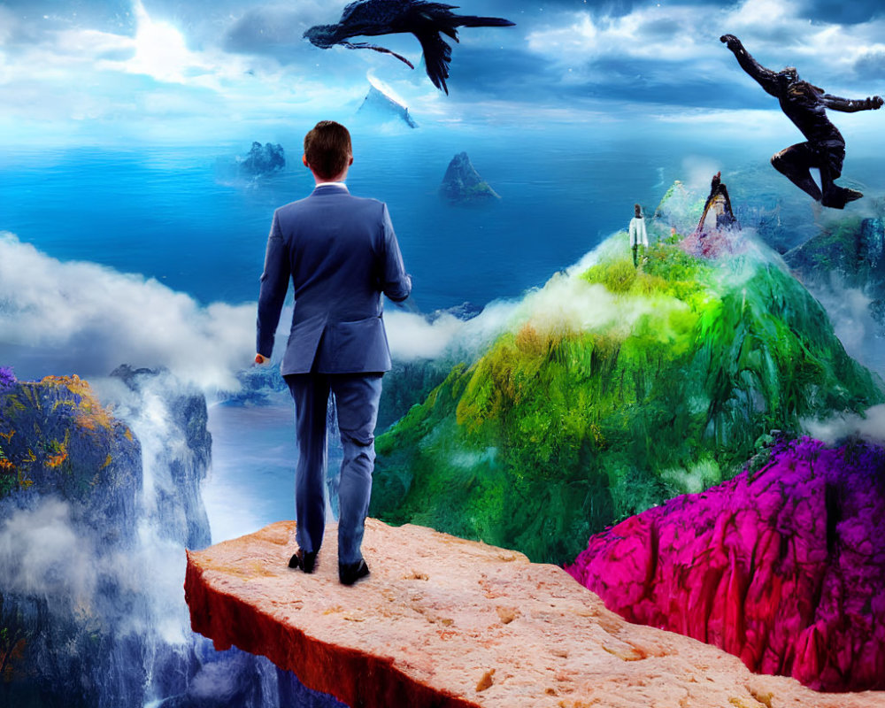Man in suit gazes at surreal colorful landscape with waterfalls and galaxies