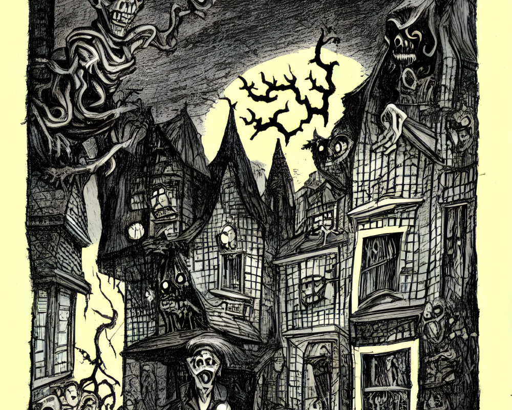Spooky ink illustration of haunted houses, skeletons, and eerie figures