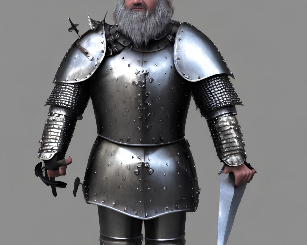 Elderly knight in full plate armor with sword on grey background