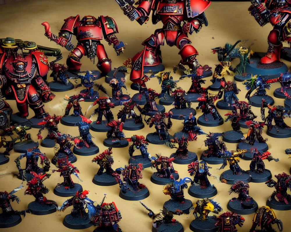 Colorful Warhammer miniatures: red armored robots and blue/yellow soldiers.