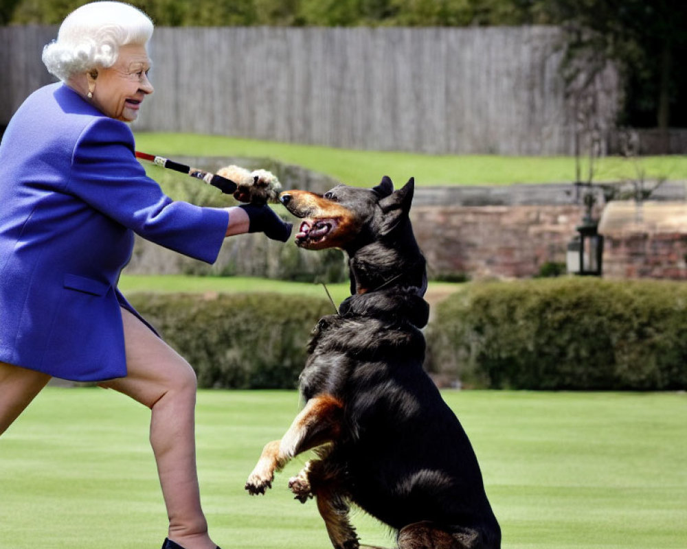 Woman in Blue Outfit Plays with Jumping German Shepherd