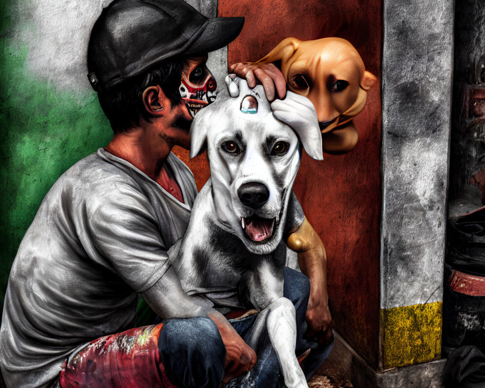 Colorful image of person with face paint and dog in mask playing together
