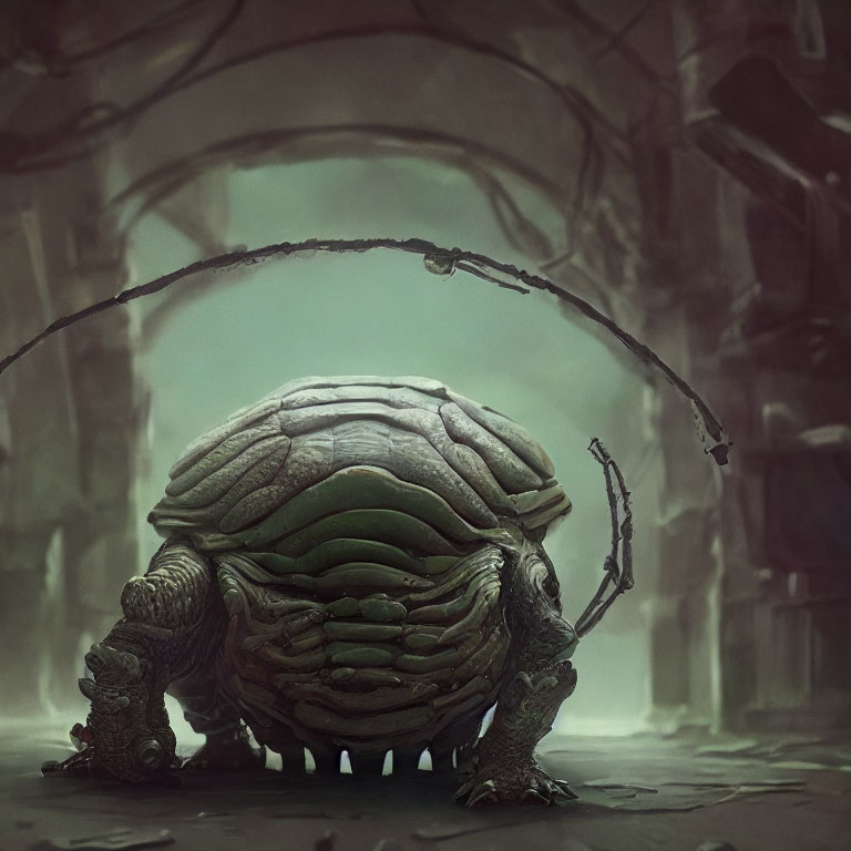 Segmented shell turtle-like creature in mystical tunnel