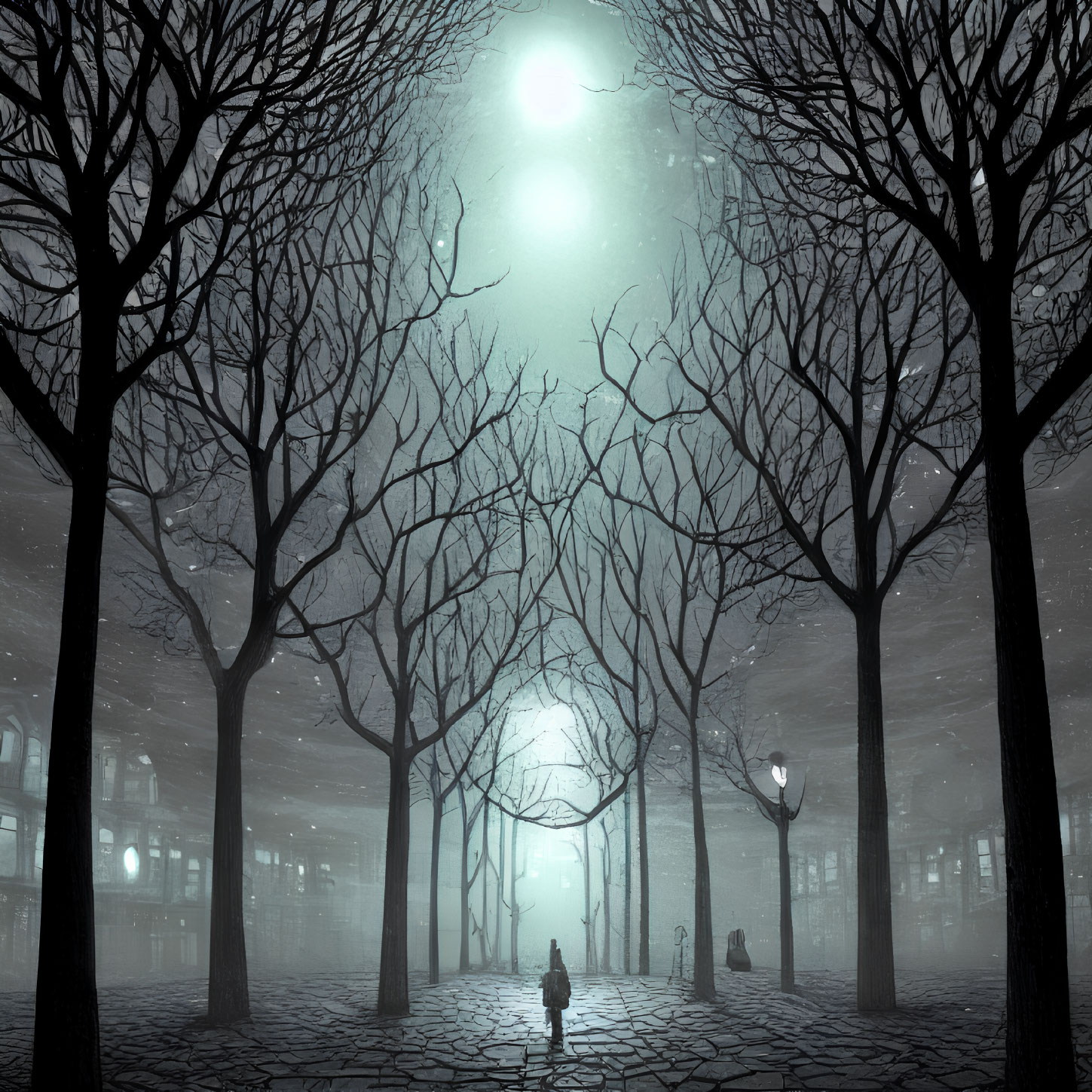 Solitary figure walking on misty, lamp-lit cobblestone path