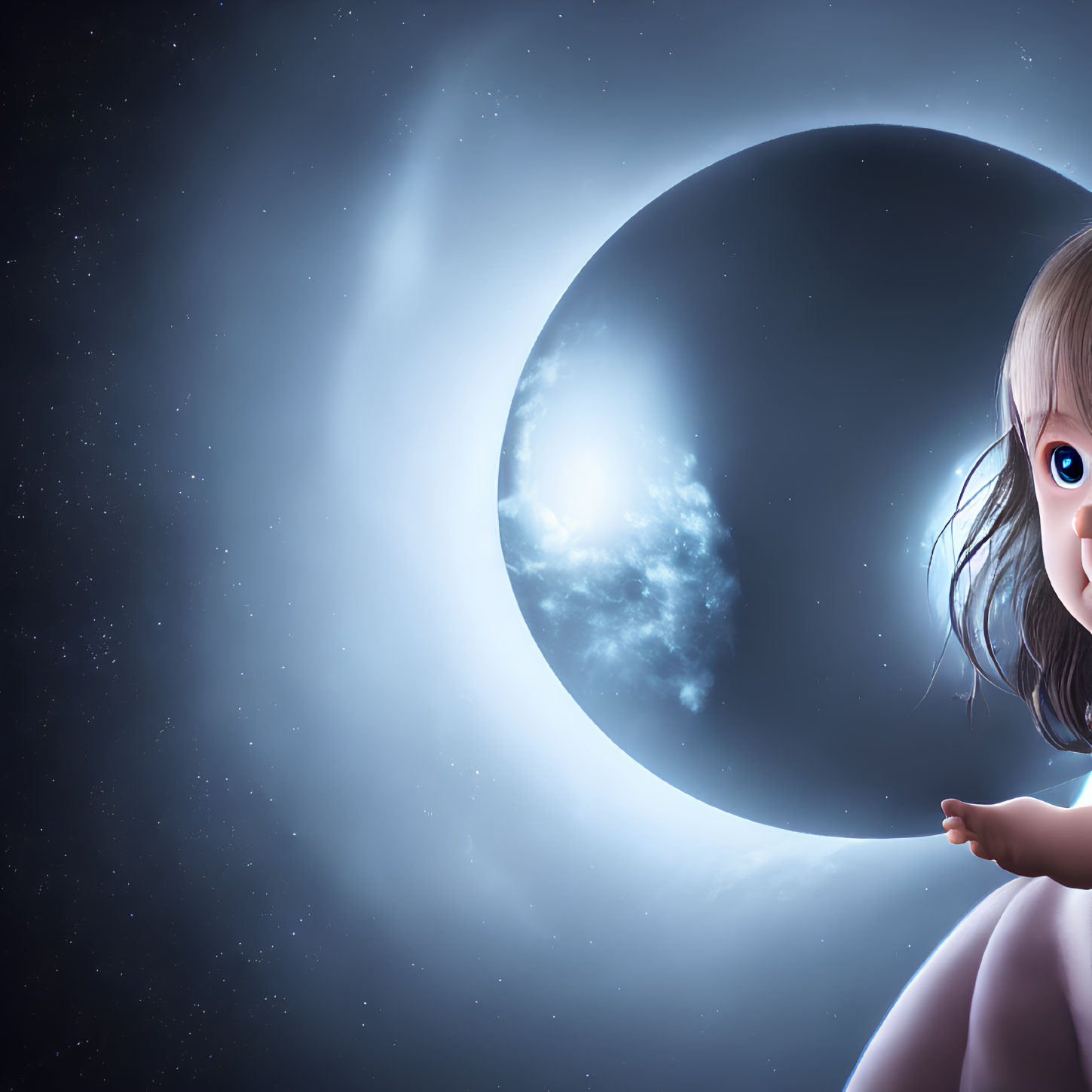 Toddler on Dark Moon with Celestial Background and Blue Nebulae