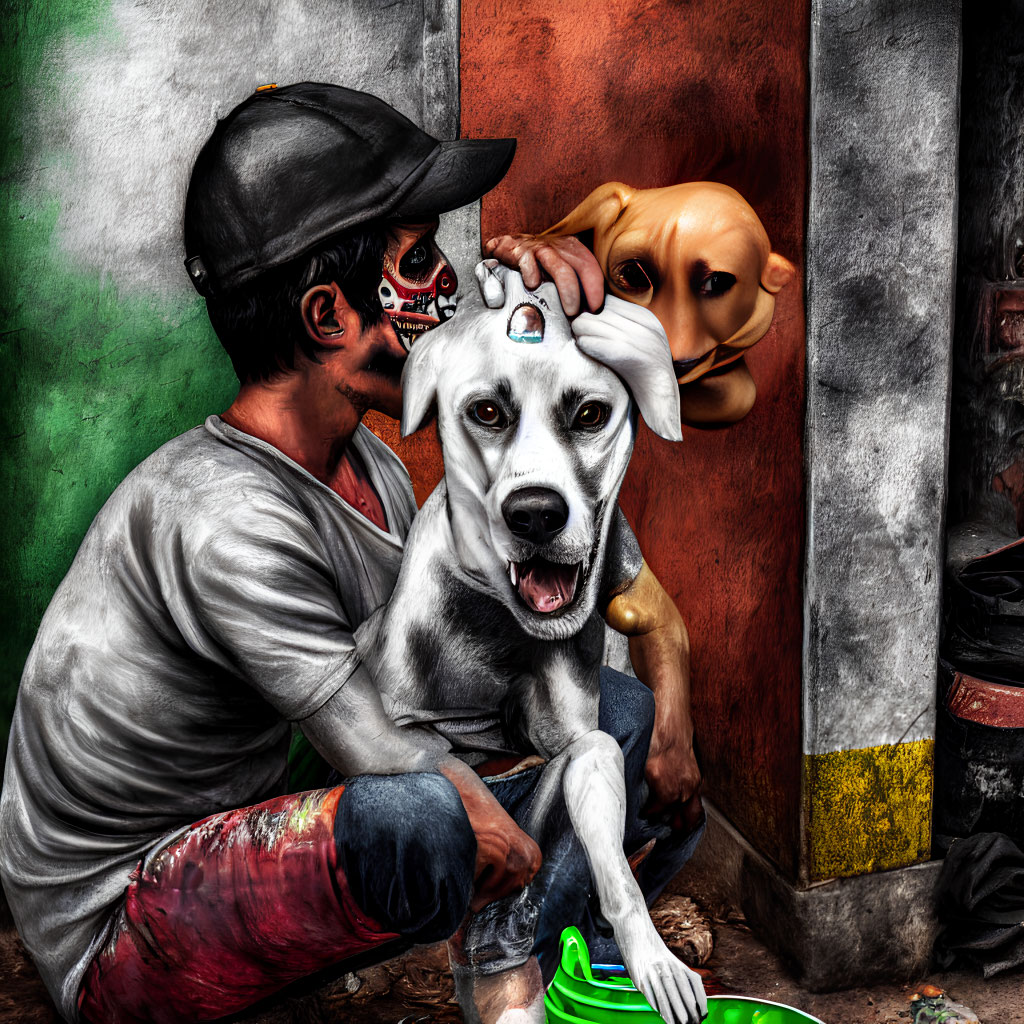Colorful image of person with face paint and dog in mask playing together