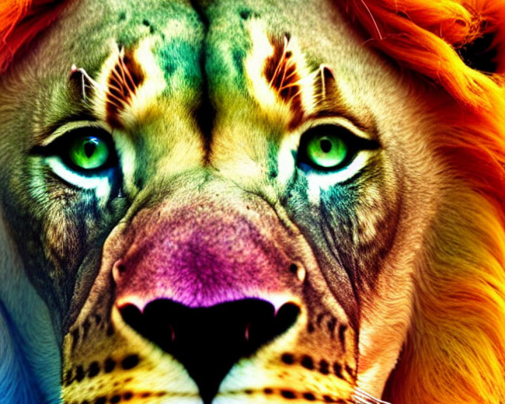 Digitally Altered Image: Lion with Rainbow Mane & Intense Gaze
