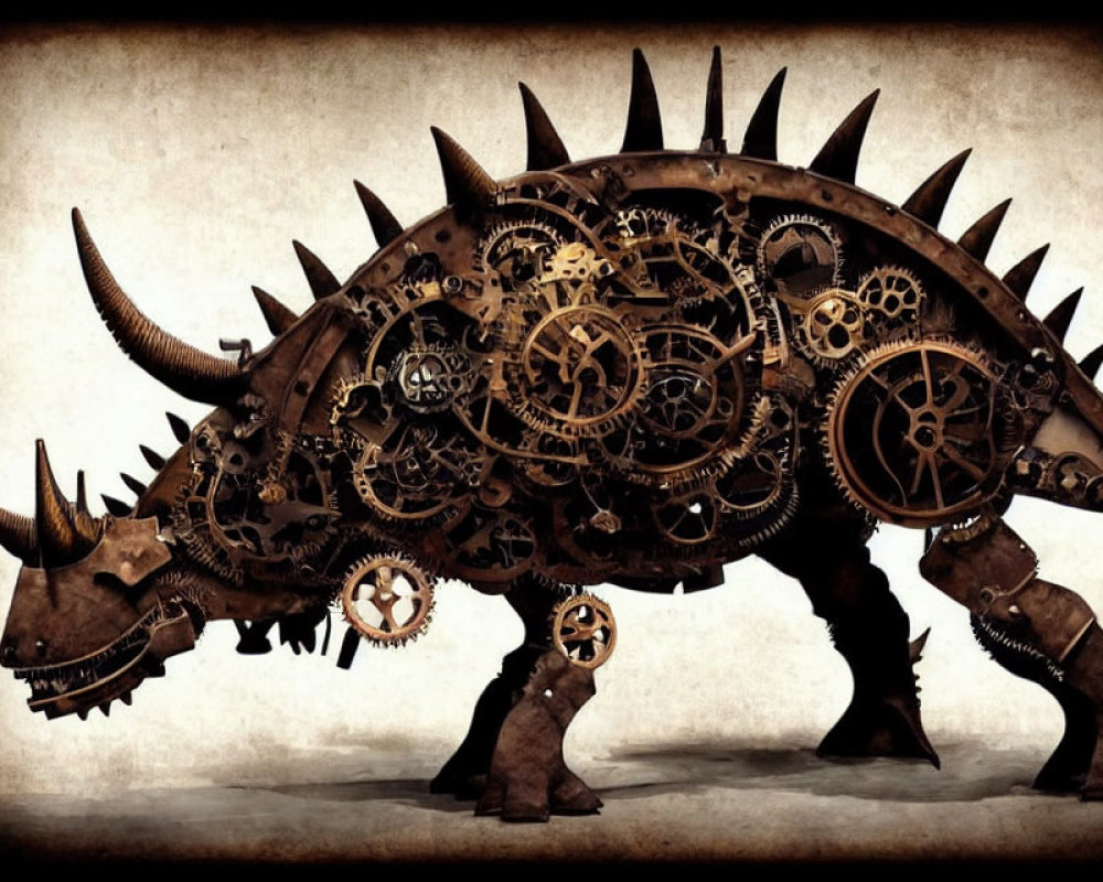 Mechanical triceratops with clockwork components on parchment-style background