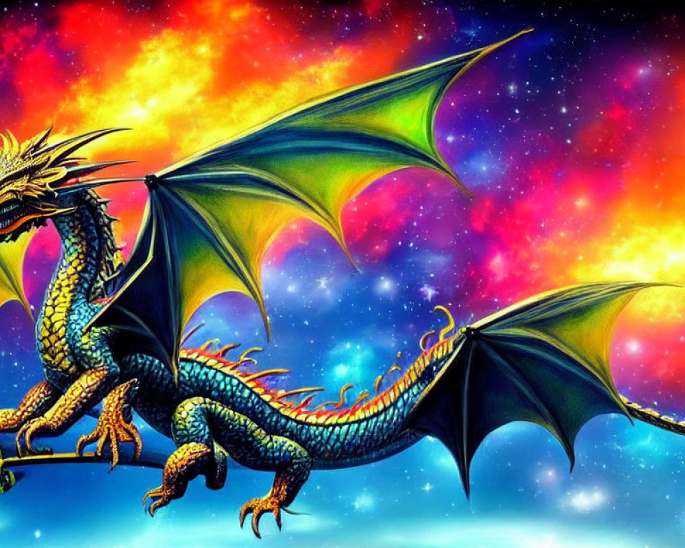 Majestic dragon with expansive wings in vibrant cosmic sky