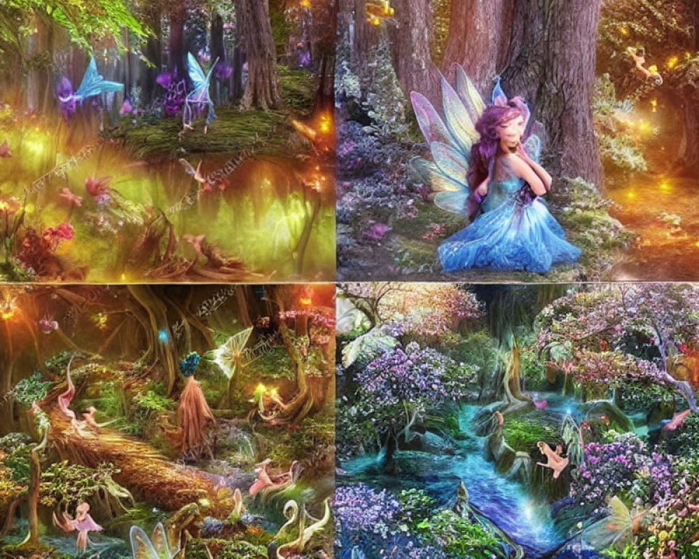 Enchanted forest scenes with fairies, lights, and vibrant flora