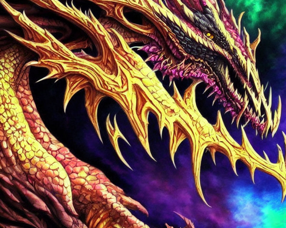 Detailed Golden Dragon Illustration on Purple Background