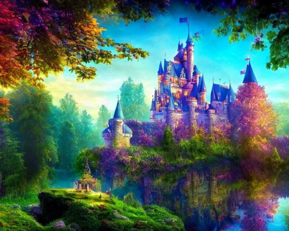 Majestic fairytale castle in lush forest with lake reflection.