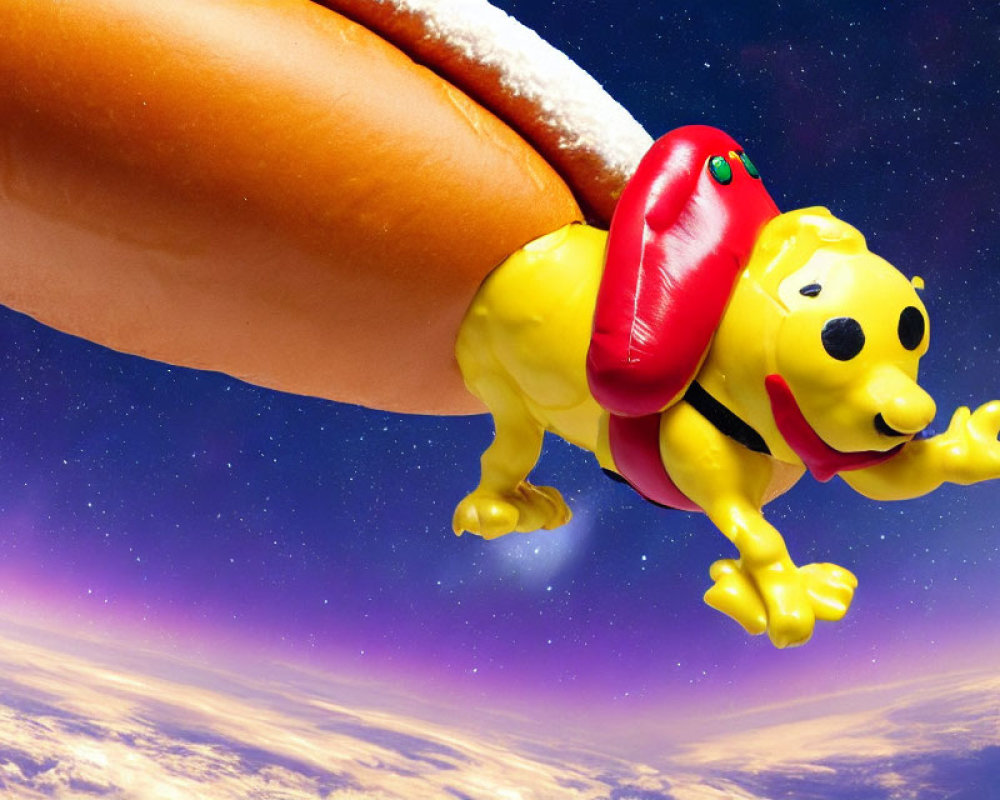 Yellow Cartoon Dog Flying Through Sky Merged with Hot Dog Bun