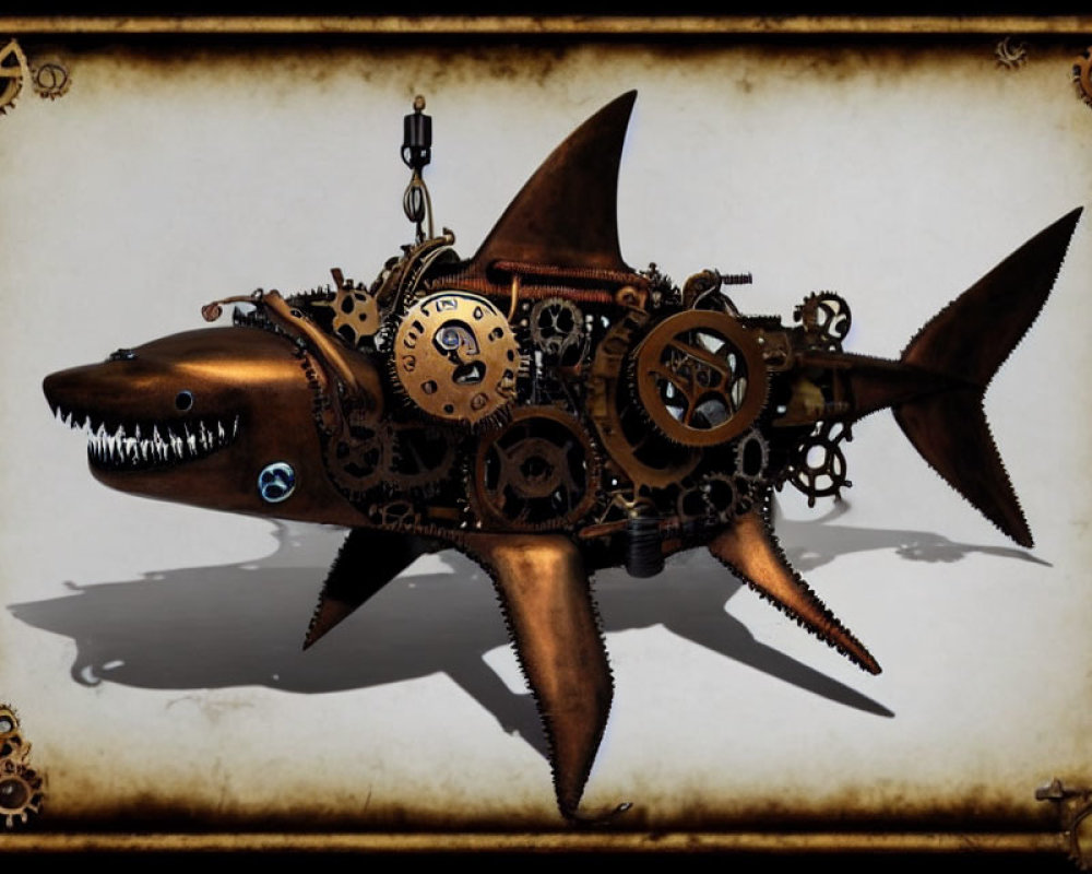 Steampunk Mechanical Shark with Gears on Aged Paper Background