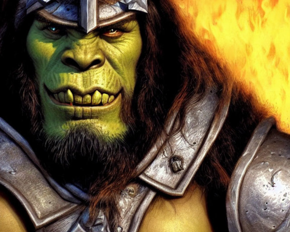 Imposing orc with green skin in metal armor against fiery backdrop