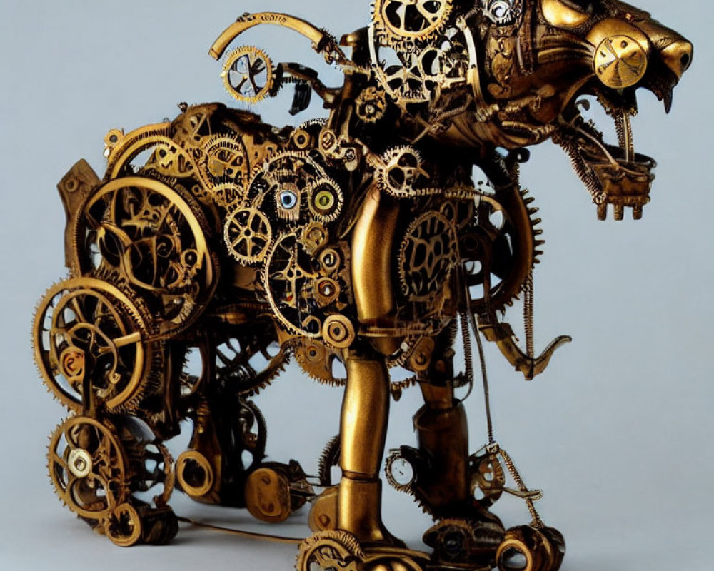 Bronze steampunk mechanical lion sculpture with intricate craftsmanship