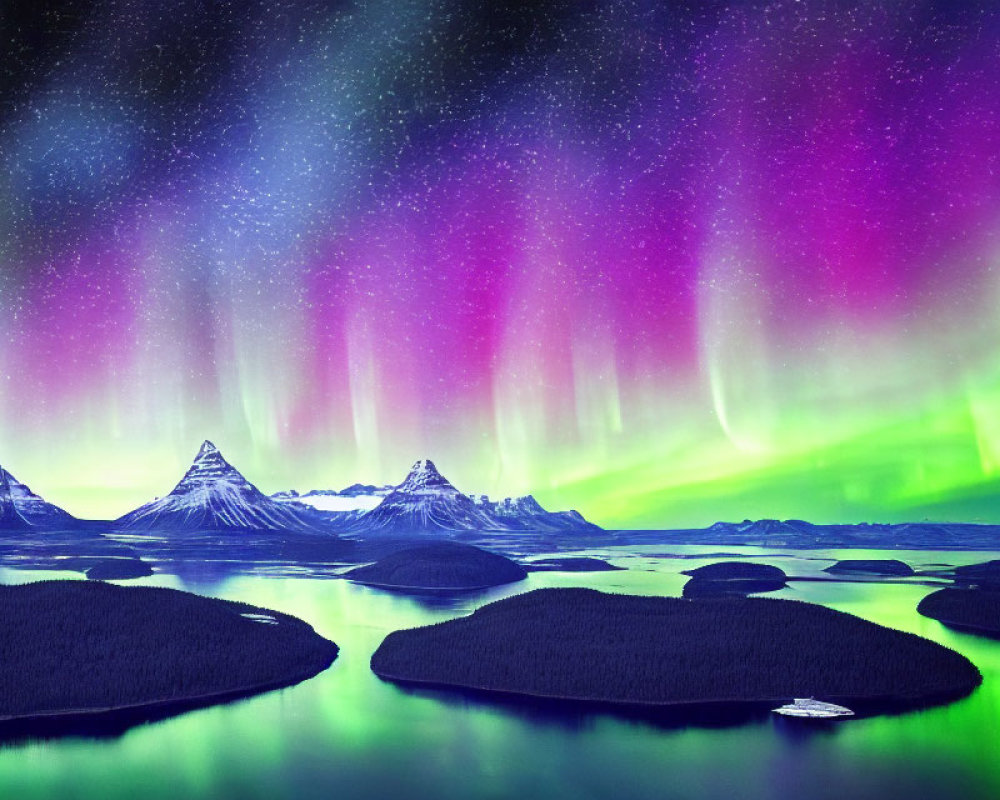 Spectacular aurora borealis over snowy mountains & dark waters