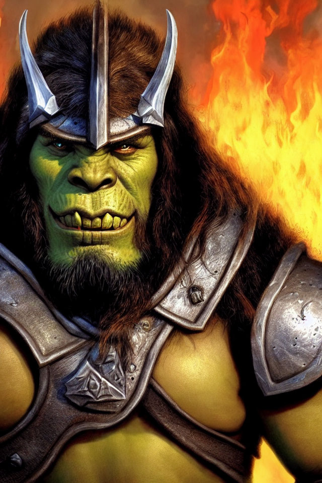 Imposing orc with green skin in metal armor against fiery backdrop