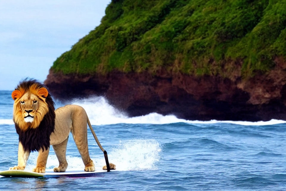 Lion with lush mane on surfboard by shore with waves & cliff